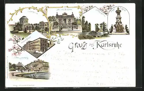 Lithographie Karlsruhe, Malsch Brunnen, Stadtgarten & Lauterberg, Polytechnikum