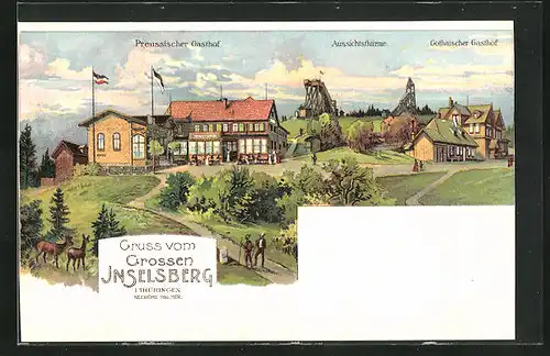 Lithographie Inselberg / Thüringen, Gasthof Preussischer, Gasthof Gothaischer, Aussichtsturm