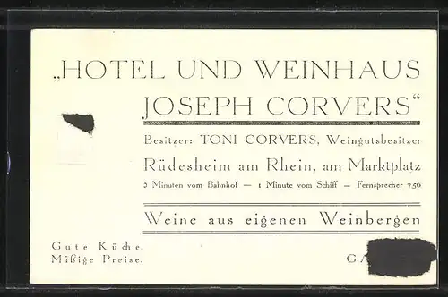 AK Rüdesheim / Rhein, Hotel-Gasthaus Joseph Corvers am Marktplatz 13