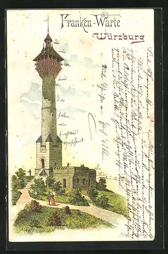 Lithographie Würzburg, Franken-Warte bei Dämmerung