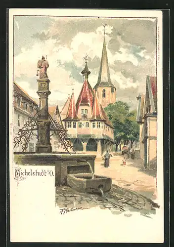 Künstler-AK Michelstadt i. O., Marktplatz mit Kirche