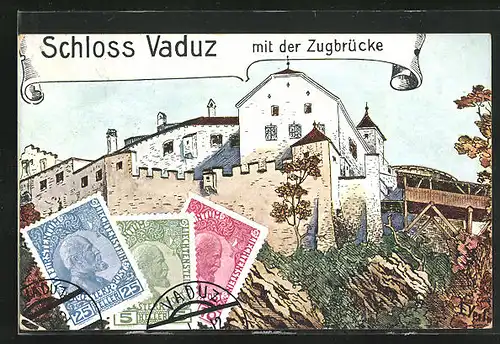 Künstler-AK Vaduz, Schloss mit Zugbrücke, Briefmarken