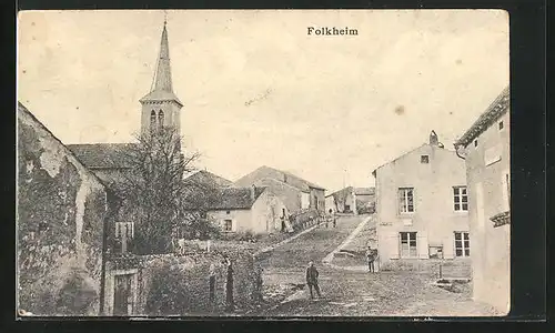 AK Folkheim, Dorfstrasse mit Kirche