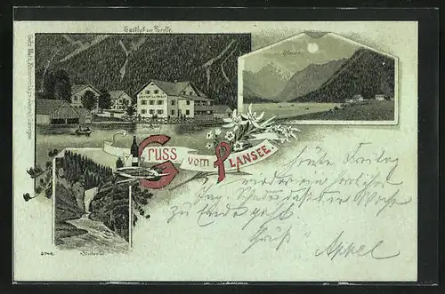 Mondschein-Lithographie Breitenwang, Plansee mit Gasthof zur Forelle