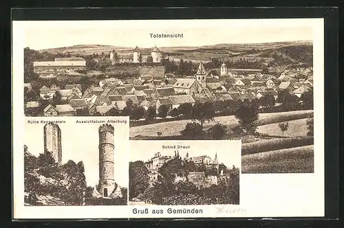 AK Gemünden, Schloss Dhaun, Aussichtsturm Altenburg, Ruine Koppenstein