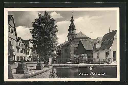 AK Erbach i. O., Fluss mit Brücke und Kirche