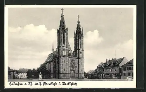 AK Geisenheim a. Rh., Katholische Pfarrkirche und Marktplatz