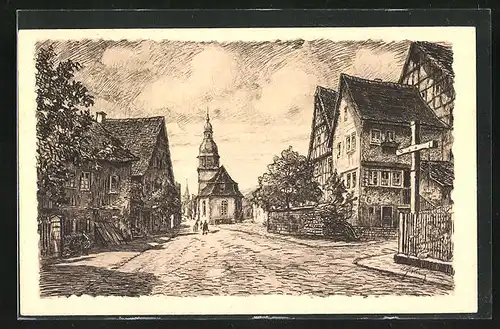 Künstler-AK Neustadt i. Odw., Strassenpartie mit Ev. Kirche