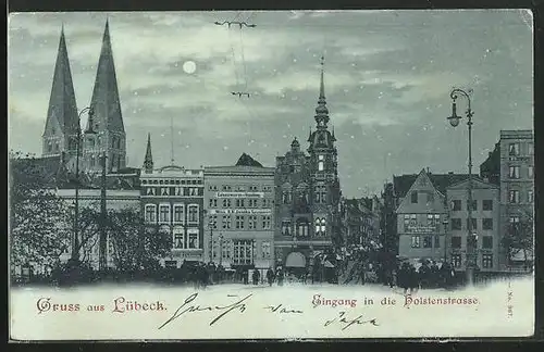 Mondschein-AK Lübeck, Eigang in die Holstenstrasse, Colonialwaren-Handlung H. H. Jaacks