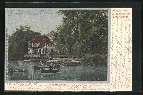 Seiden-Imitations-AK Düsseldorf, Fischerhaus am Schwanenspiegel