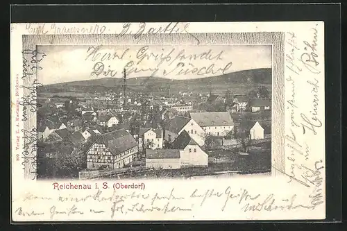 AK Reichenau i. S., Totalansicht mit Hügellandschaft