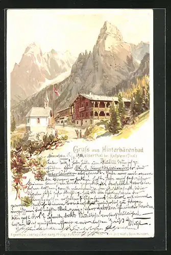 Lithographie Hinterbärenbad, Unterkunftshaus im Kaisertal