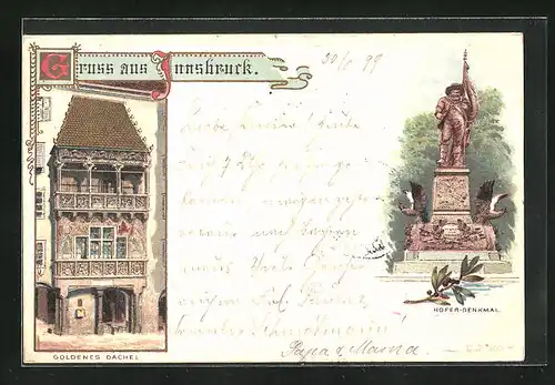 Lithographie Innsbruck, Goldenes Dachl, Hofer-Denkmal