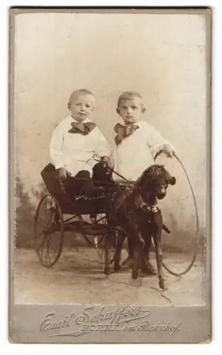 Fotografie Emil Schuffert, Borna, Am Bahnhof, Portrait zwei freche blonde Buben in einer Spielzeugpferdekutsche