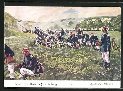 Künstler-AK Döbrich-Steglitz: Schwere Artillerie in Feuerstellung, Fussartillerie 7.