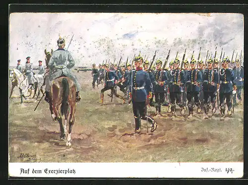 Künstler-AK Döbrich-Steglitz: Auf dem Exerzierplatz, Inf.-Regt. 163