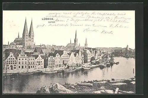 AK Lübeck, Blick auf Hafen und Stadt
