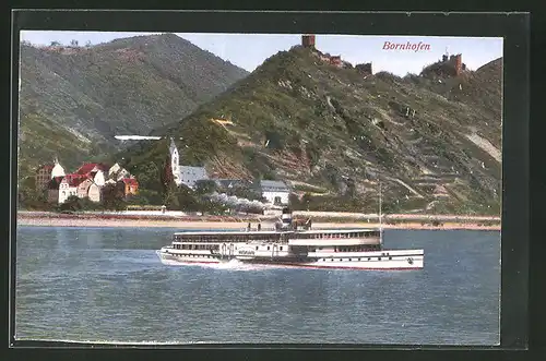 AK Bornhofen, Teilansicht mit Blick auf die Ruinen Sternberg und Liebenstein mit Dampfer