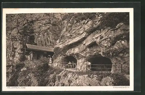 AK Höllentalklamm, Eingangshütte mit Besuchern