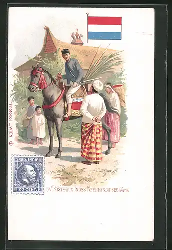 Lithographie La Poste aux Indes Neerlandaises (Java), Briefträger aus Niederländisch Indien
