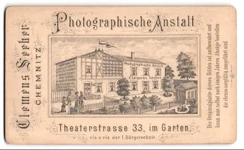 Fotografie C. Seeber, Chemnitz, Theaterstr. 33, rücks. Ansicht des Ateliers, vorders. Frauenportrait