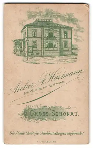 Fotografie A. Hartmann, Gross-Schönau, rücks. Ansicht Gross-Schönau, vorders. Fräulein mit Blumenstrauss