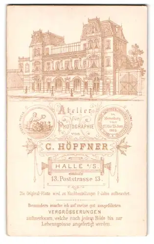 Fotografie C. Höpfner, Halle / Saale, Poststr. 13, rücks. Ansicht Halle/S., vorders. Portrait schönes Fräulein