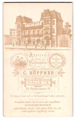 Fotografie C. Höpfner, Halle / Saale, Poststr. 13, rücks. Ansicht Halle/S., vorders. Portrait blonde Schönheit