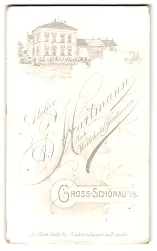 Fotografie A. Hartmann, Gross-Schönau, rücks. Ansicht Gross-Schönau, vorders. Portrait bildschönes Mädchen mit Blumen