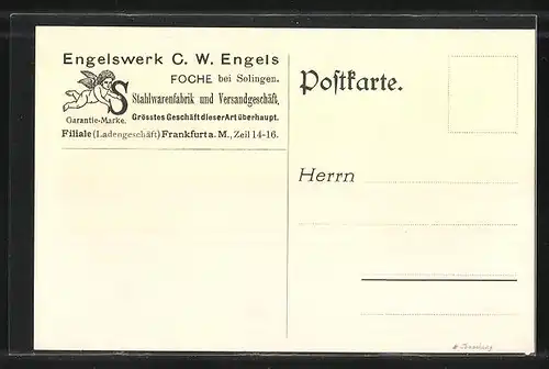 Künstler-AK Foche b. Solingen, Engelswerk C. W. Engels, Kaiser Wilhelm Brücke, Schloss Burg, Frankfurt a. M., Zeil 14-16
