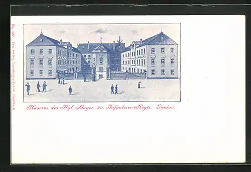 Präge-Künstler-AK Lindau, Kaserne des Kgl. Bayer. 20. Infanterie-Regts., Rückseitig Infanterist