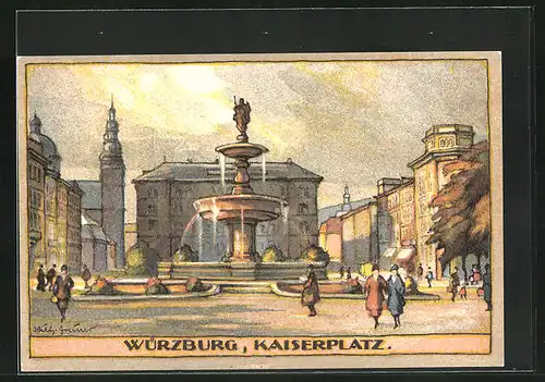 Steindruck-AK Würzburg, Kaiserplatz mit Brunnen