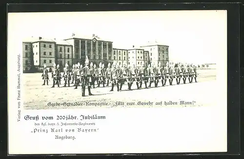 AK Augsburg, 200jähriges Jubiläum des Kgl. Bayr. Infant. Regiments, angetretene Soldaten in Paradeuniform