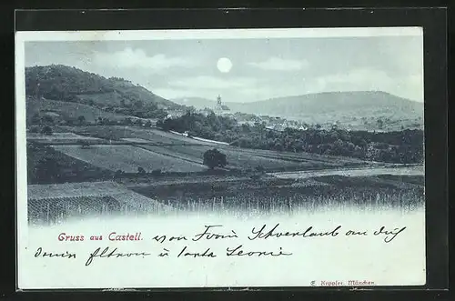 Mondschein-AK Castell, Teilansicht vom Felde aus
