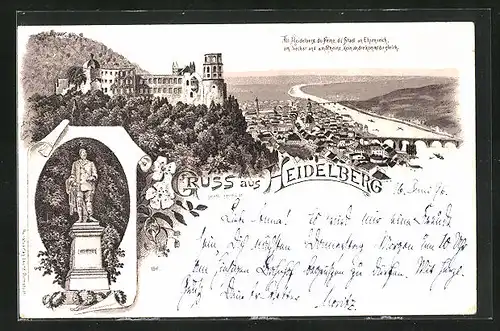 Lithographie Heidelberg, Schloss und Stadt aus der Vogelschau, Scheffel-Denkmal