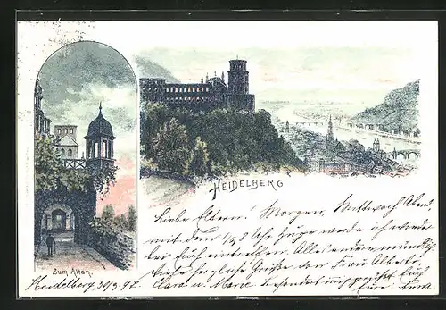 Lithographie Heidelberg, Zum Altan, Totalansicht aus der Vogelschau