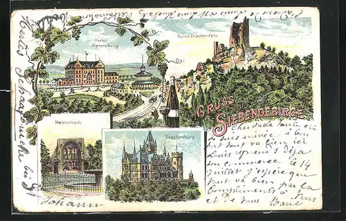 Lithographie Siebengebirge, Heisterbach, Hotel Petersberg, Ruine Drachenfels