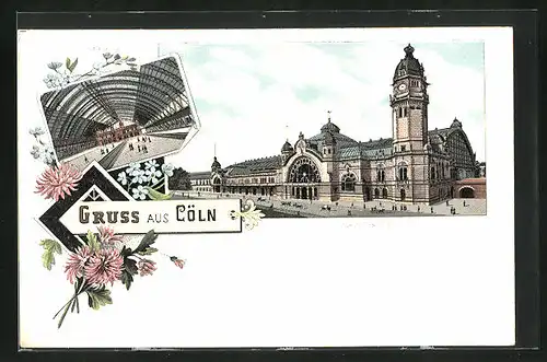 Lithographie Cöln, Hauptbahnhof innen und aussen