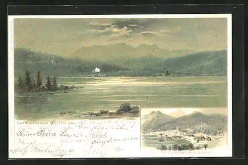 Lithographie Urfeld, Walchensee, Ortsansicht mit Herzogenstand