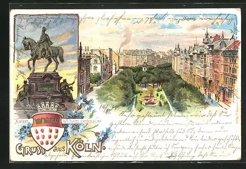 Lithographie Köln-Neustadt, Wilhelmring, Kaiser Wilhelm Denkmal