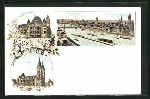 Lithographie Bremen, Gerichtsgebäude, Dom, Weserpartie