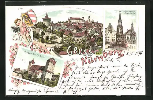 Lithographie Nürnberg, Burg, Kaiserstallung Nordseite, Frauenkirche