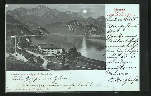 Mondschein-AK Kochelsee, Gasthof zum Kneipbad, Neu-Joch