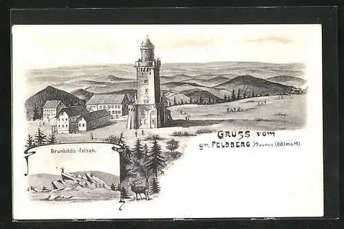 Künstler-AK Grosser Feldberg /Taunus, Brunhildis-Felsen, Aussichtsturm