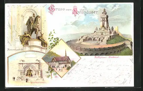 Lithographie Kyffhäuser, Barbarossa, Reiterstandbild, Denkmal