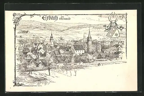 Künstler-AK Erbach im Odenwald, Teilansicht