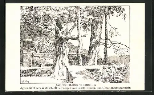 Künstler-AK Braunsbach, Jagdschloss Tierberg, Agnes Günthers Waldschloss Schweigen mit Gesela-Linden u. Gesundheitsbrün.
