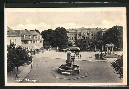 AK Usingen, Schlossplatz mit Lehrerseminar und Brunnen