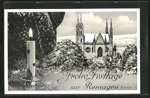 AK Remagen /Rhein, Kirche, Tannenzweig und Kerze, Weihnachts- und Neujahrsgruss