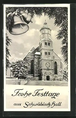 AK Schwäbisch Hall, Kirche mit Glocken im Winter